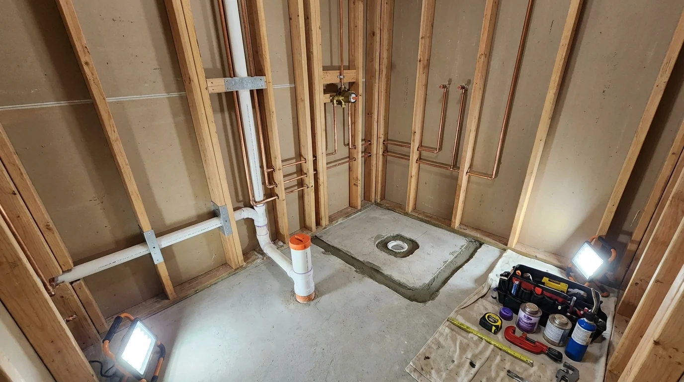 Bathroom rough-in plumbing during remodel by Johns Plumbing LLC in Onida