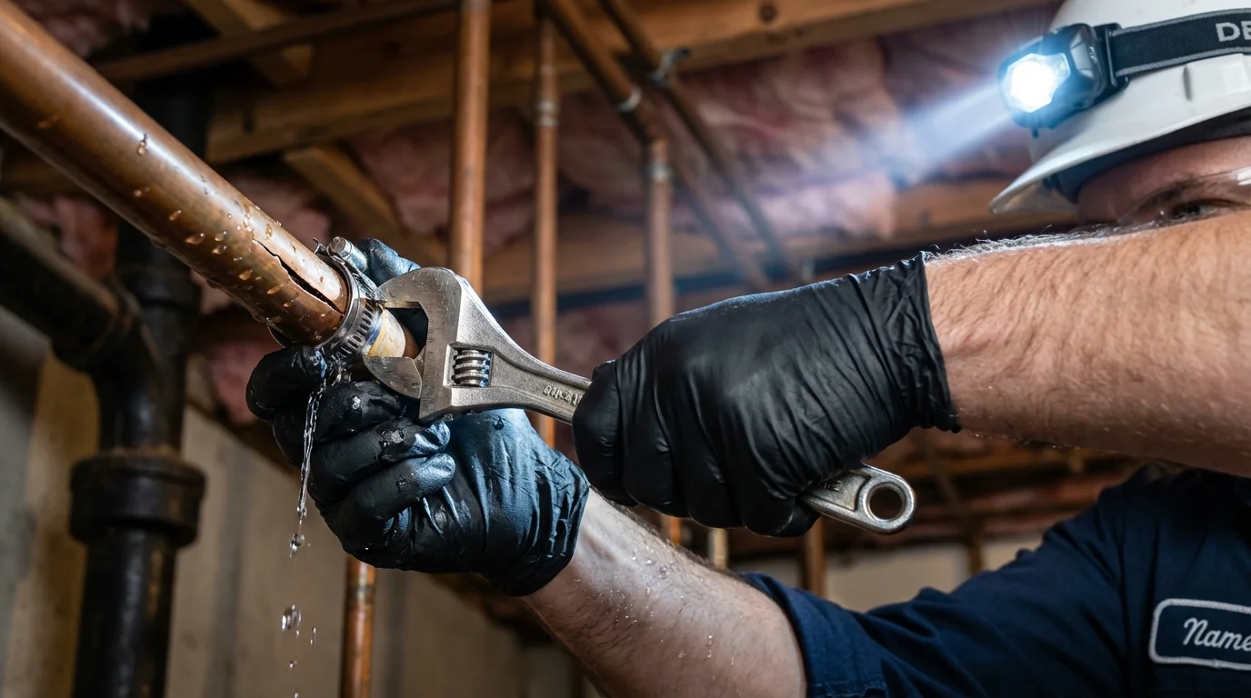 Emergency pipe clamp repair being performed by a Johns Plumbing LLC plumber in Onida