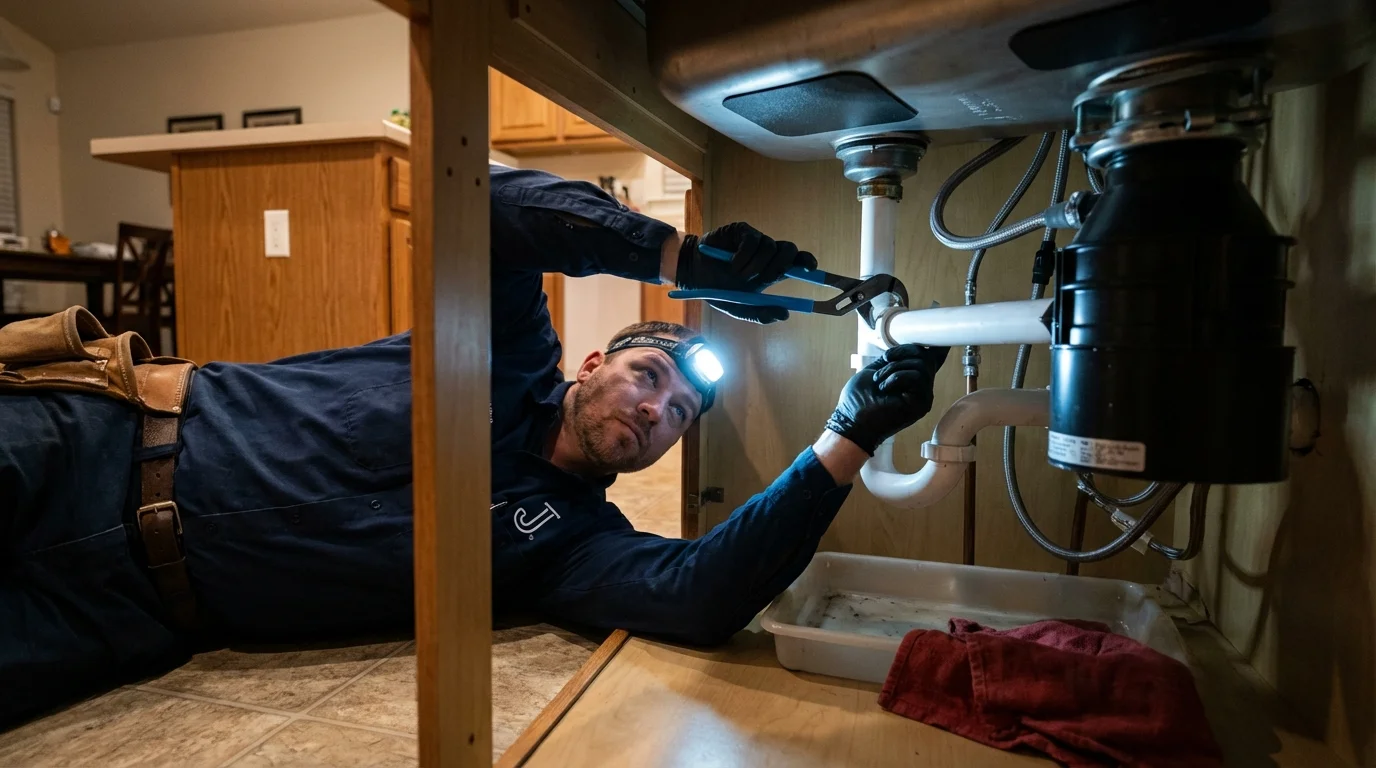 P-trap and supply line connections under a kitchen sink showing a common leak point in Onida, SD